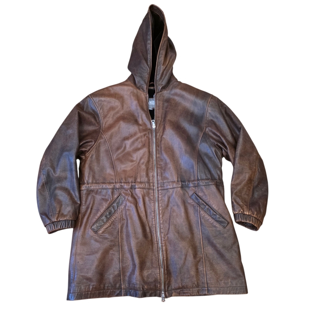 Vtg Wilsons Leather Jacket Coat Women's Large Brown Drawstring Faux Fur Hooded